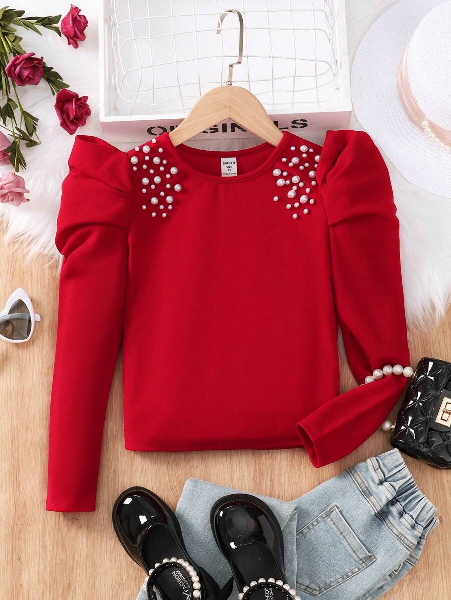 SHEIN Leap Crew Tween Girls' Pearl Decorated Puff Sleeve Crew Neck Pullover T-Shirt - Red - View 1