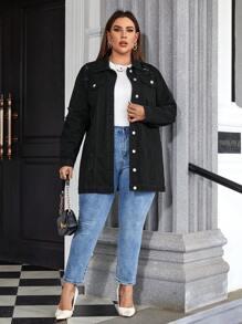 SHEIN Essnce Plus Flap Pocket Drop Shoulder Denim Coat - Black - View 5