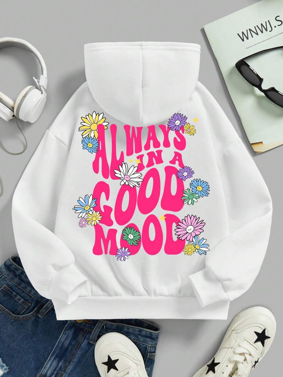 少女标语和花卉印花保暖卫衣 - 白色 - 查看 1