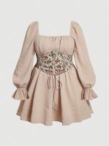 SHEIN MOD Plus Floral Print Flounce Sleeve Dress - Khaki - View 1