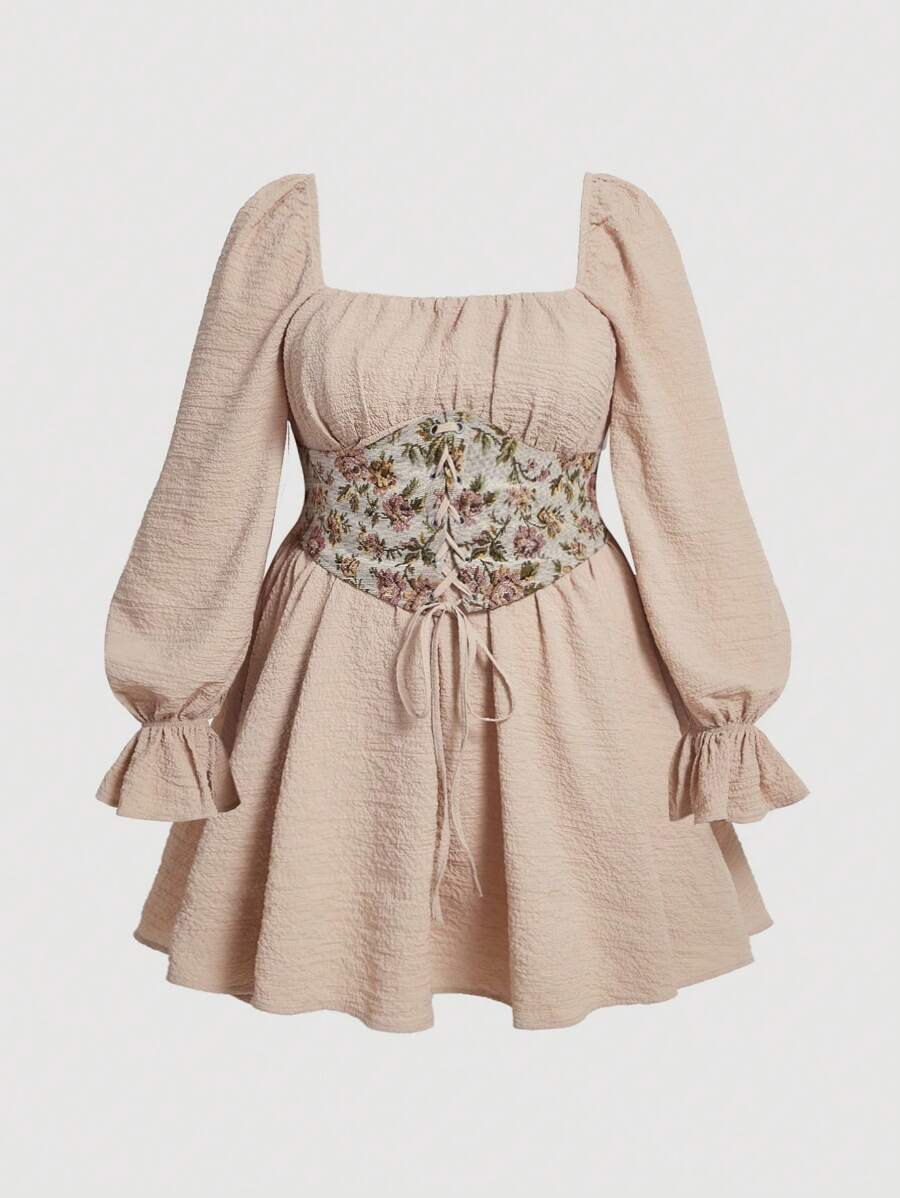 SHEIN MOD Plus Floral Print Flounce Sleeve Dress - Khaki - View 1