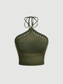 SHEIN MOD Solid Hollow Out Halter Knit Top - Army Green - View 1