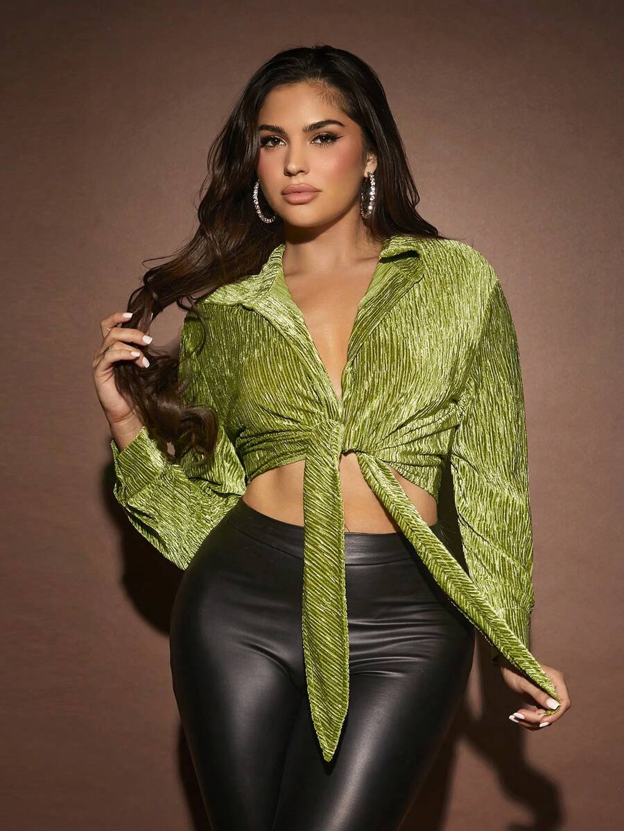 SHEIN SXY Tie Front Crop Shirt - Green - View 1