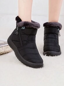 字母刺繡側邊拉鏈加絨內裏雪地靴,女士黑色運動字母圖案雪地靴 - 黑色 - 查看 2