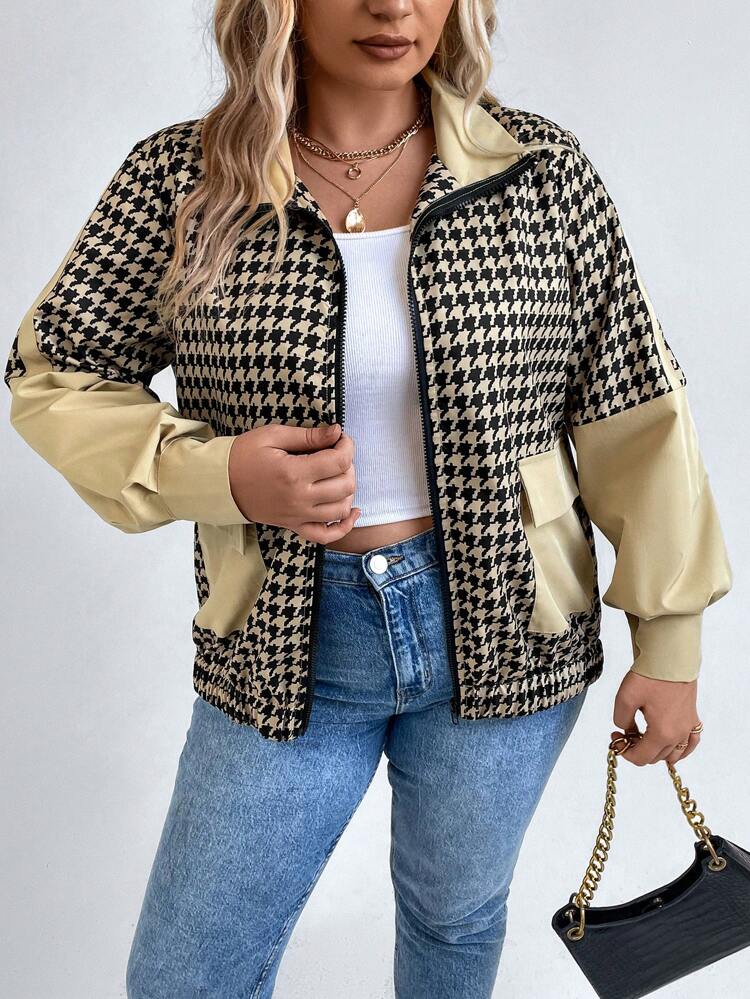 Plus Houndstooth Print Flap Pocket Jacket