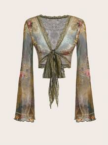SHEIN ICON Y2K Grunge Hippie Floral Print Tie Front Mesh Top