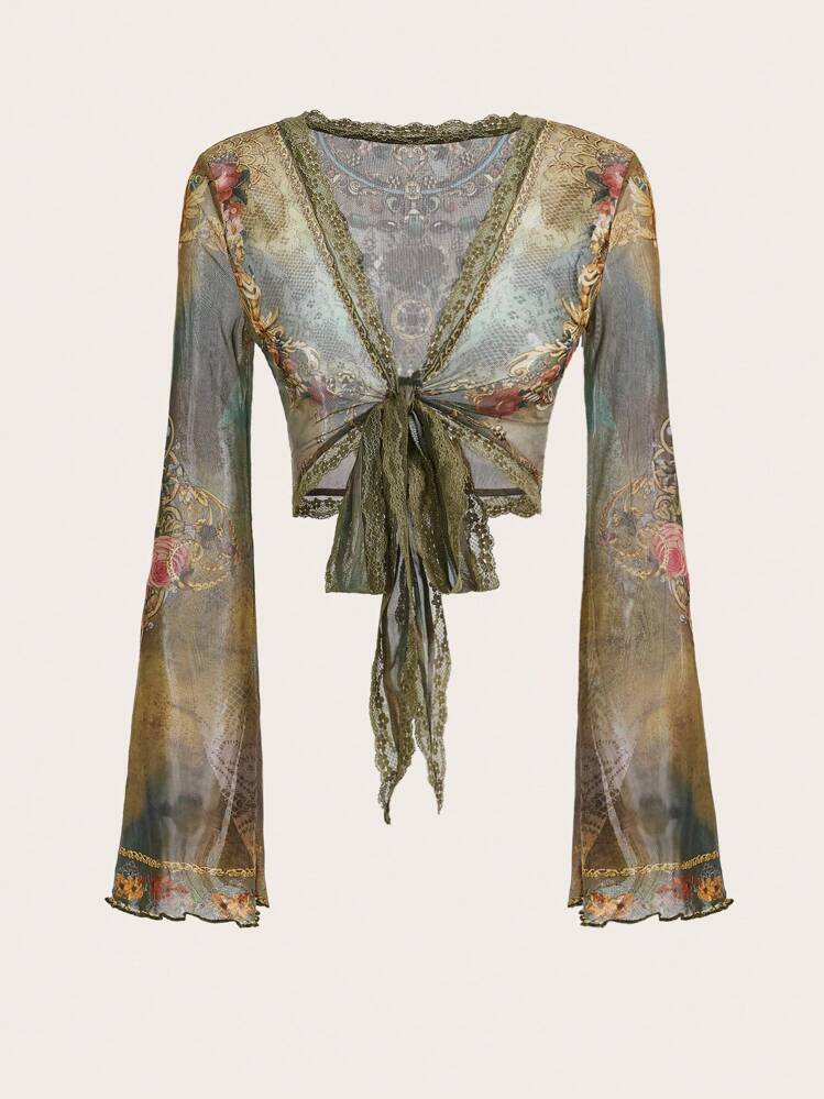 ♡0227♡ SHEIN ICON Y2K Grunge Hippie Floral Print Tie Front Mesh Top
