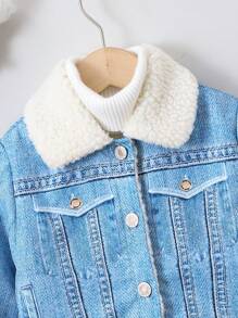 SHEIN Young Girl 1pc Borg Collar Teddy Lined Jacket - Light Wash - View 5