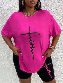 Slaydiva Plus Letter Graphic Drop Shoulder Tee & Biker Shorts - Hot Pink - View 5