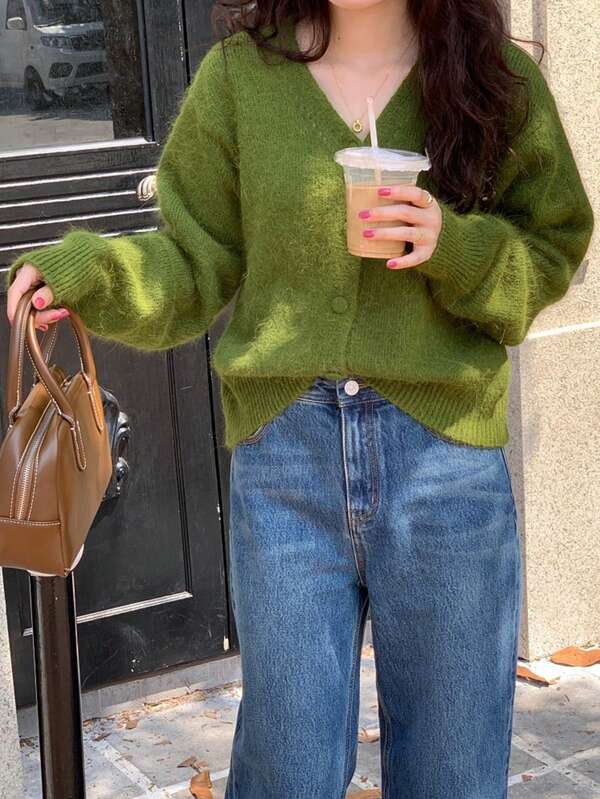 Cárdigan de hombros caídos con botones, manga larga