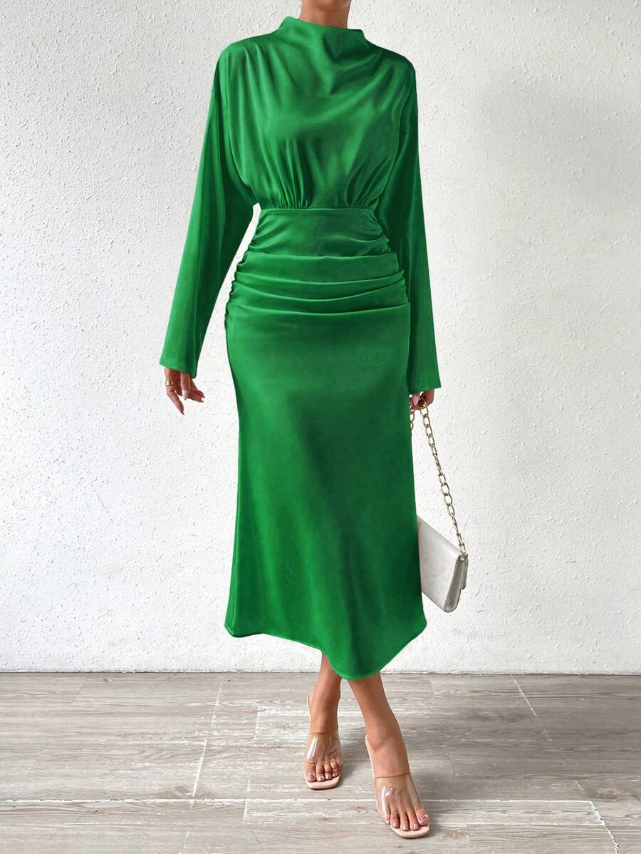 SHEIN Clasi Mock Neck Ruched Detail Dress - Green - View 1