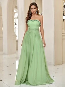 SHEIN Belle Frill Trim Ruched Tube Party Dress - Green - View 7
