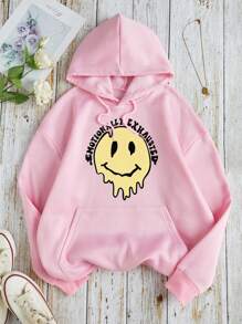 SHEIN EZwear 卡通和標語圖案袋鼠口袋抽繩保暖連帽衫 - 淺粉色 - 查看 1