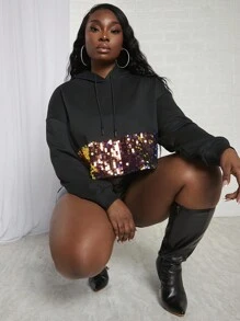 Slaydiva Plus Contrast Sequin Drop Shoulder Drawstring Hoodie - Black - View 1