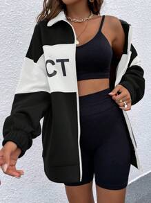 EURMUSE Letter Graphic Two Tone Drop Shoulder Zip Up Sweatshirt - White - View 5