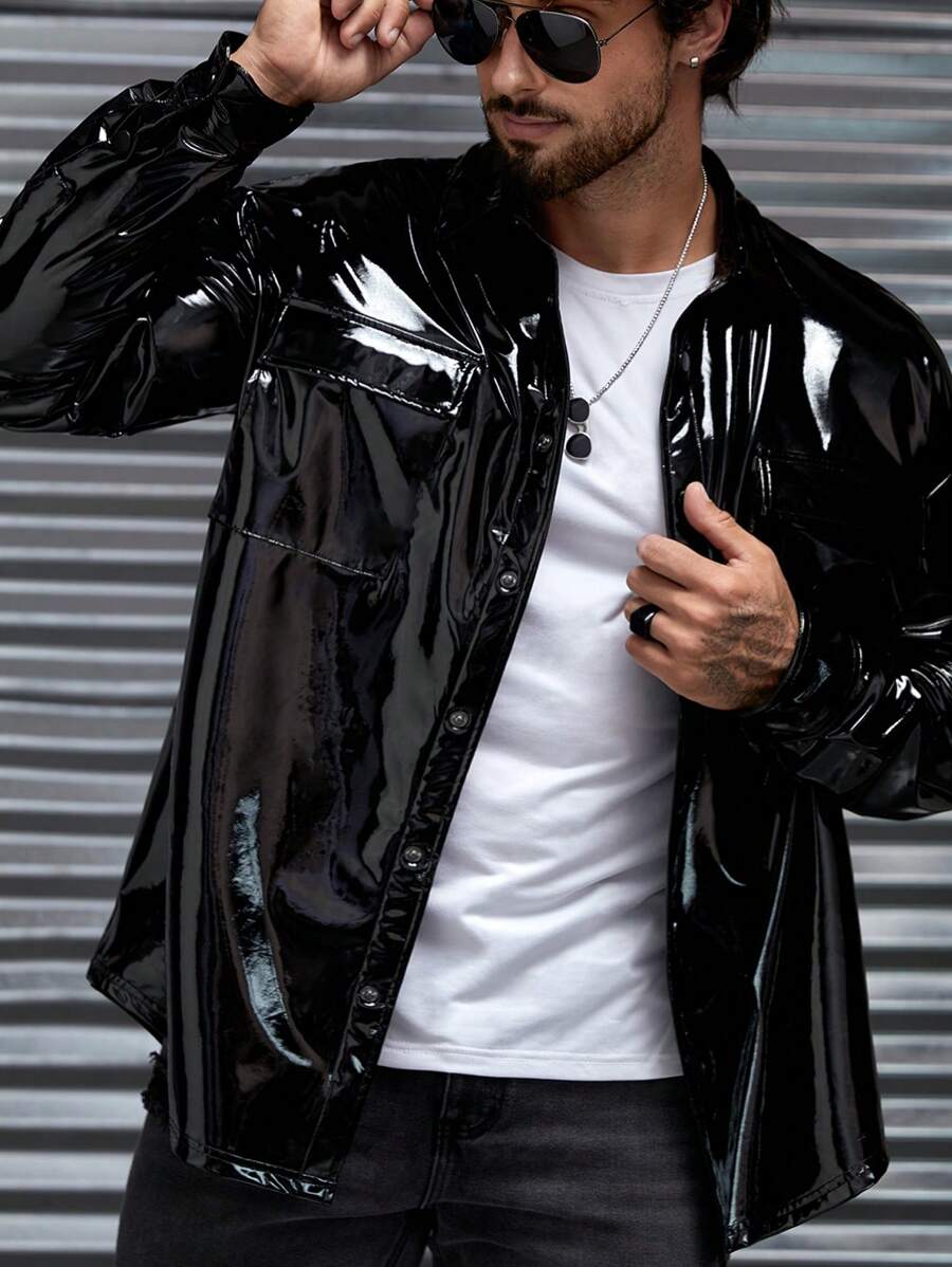 GENTILAND 超大码男士 PU 皮革长袖休闲夹克 - 黑色 - 查看 1