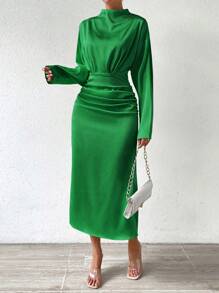 SHEIN Clasi Mock Neck Ruched Detail Dress - Green - View 6