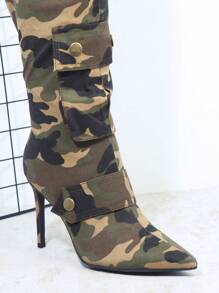 SHUZIA Camo Print Pointed Toe Stiletto Heeled Boots