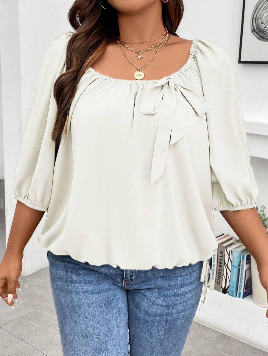 Calvaya Plus Knot Front Lantern Sleeve Blouse - White - View 1