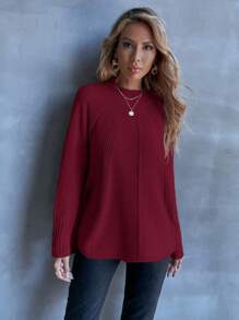 SHEIN LUNE Mock Neck Raglan Sleeve Split Hem Sweater For New Year,Long Sleeve Tops Knit Pullover Fall Winter Sweater - Red - View 5