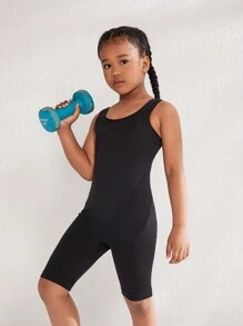 SHEIN 女大童素色大圓領活躍彈力緊身連體短褲 - 黑色 - 查看 1