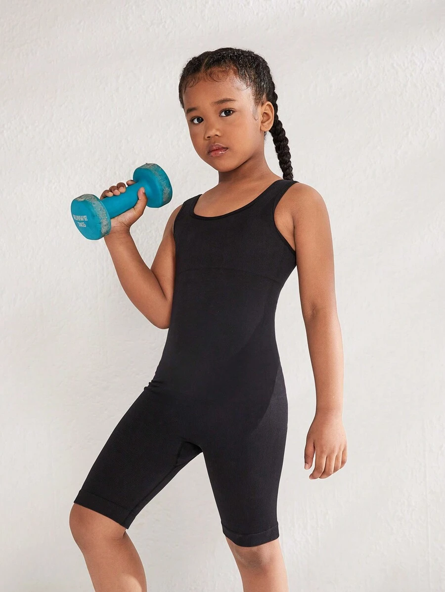 SHEIN 女大童素色大圓領活躍彈力緊身連體短褲 - 黑色 - 查看 1