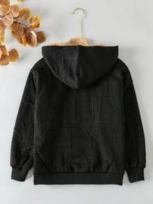 SHEIN Tween Boy Letter Patched Detail Teddy Lined Hooded Jacket - Black - View 2
