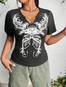 PUNK Hơn In bướm Cổ có Lỗ hổng Áo thun - Xám - Xem 3