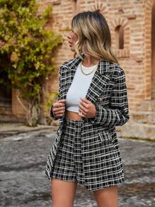 SHEIN Frenchy Plaid Pattern Double Breasted Tweed Blazer & Shorts - Black - View 4