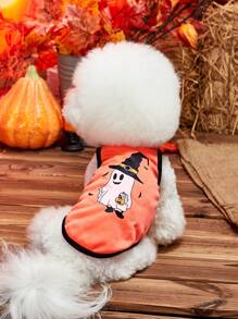 PETSIN 1件橙色寵物背心,印有鬼和蝙蝠圖案