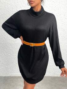 SHEIN Unity Turtleneck Drop Shoulder Dress Without Belt - Black - View 3