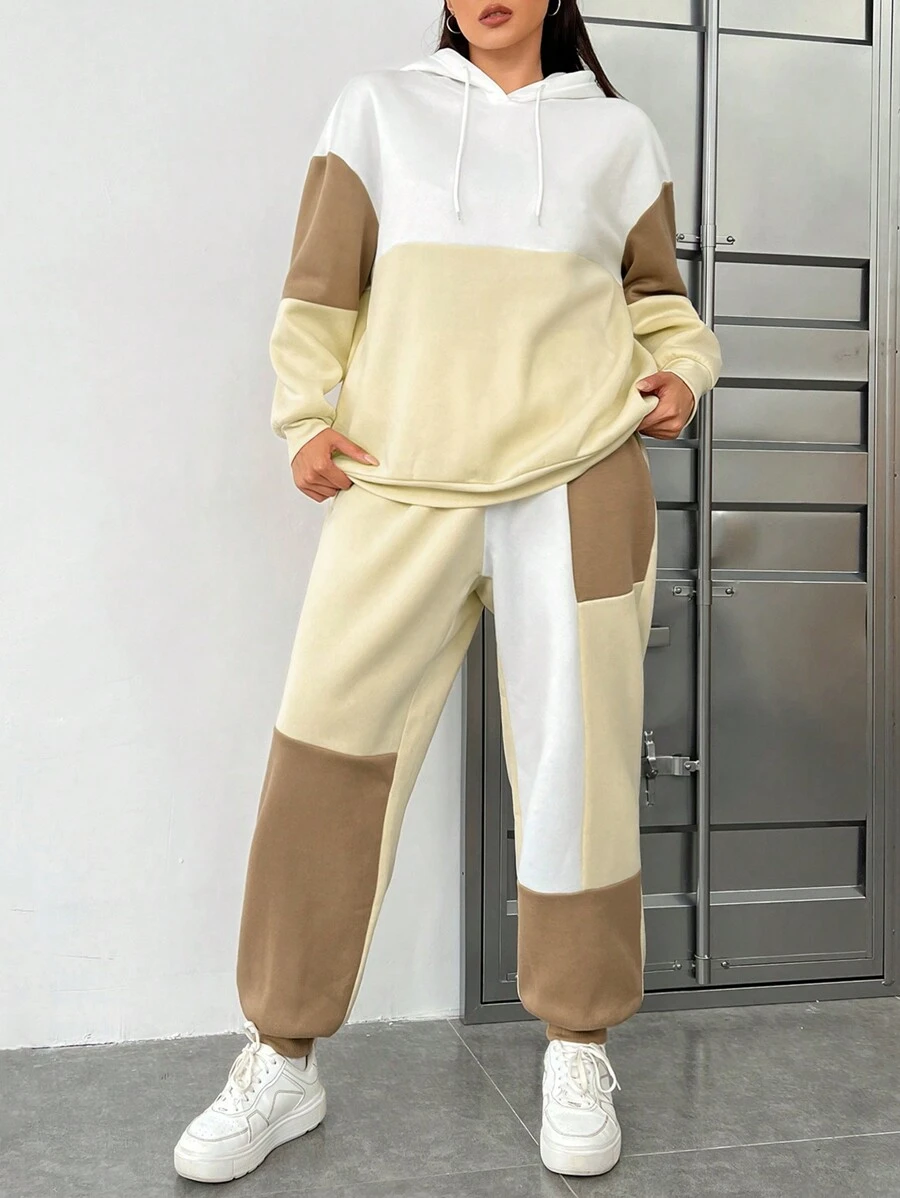 SHEIN EZwear Plus Colorblock Drop Shoulder Drawstring Hoodie & Sweatpants - Multicolor - View 1