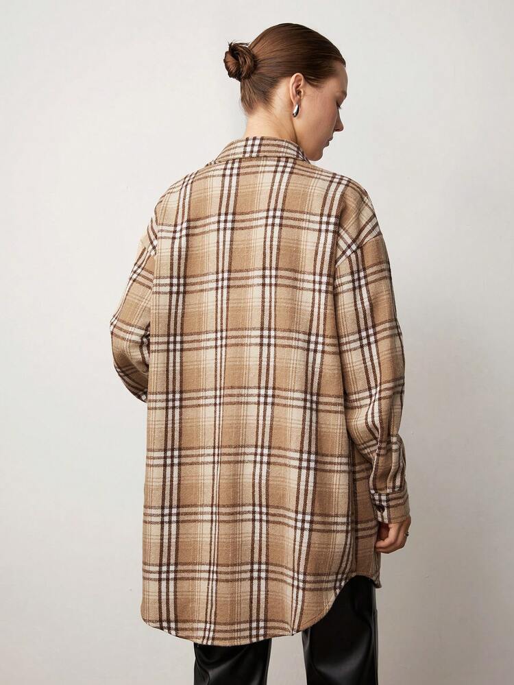 Plaid Print Drop Shoulder Flap Detail Overcoat