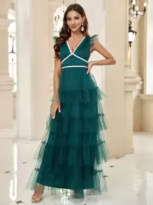 SHEIN Belle Contrast Tape Ruffle Trim Mesh Party Dress - Green - View 5