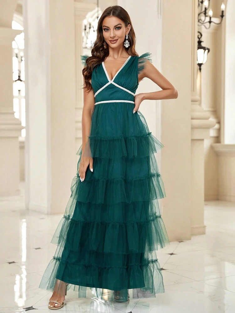 Contrast Tape Ruffle Trim Mesh Party Dress