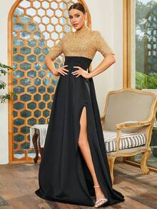 Missord Contrast Sequin Split Thigh Party Dress - Black - View 7