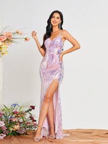 Missord Vestido de fiesta de tirantes de muslo con abertura con lentejuelas