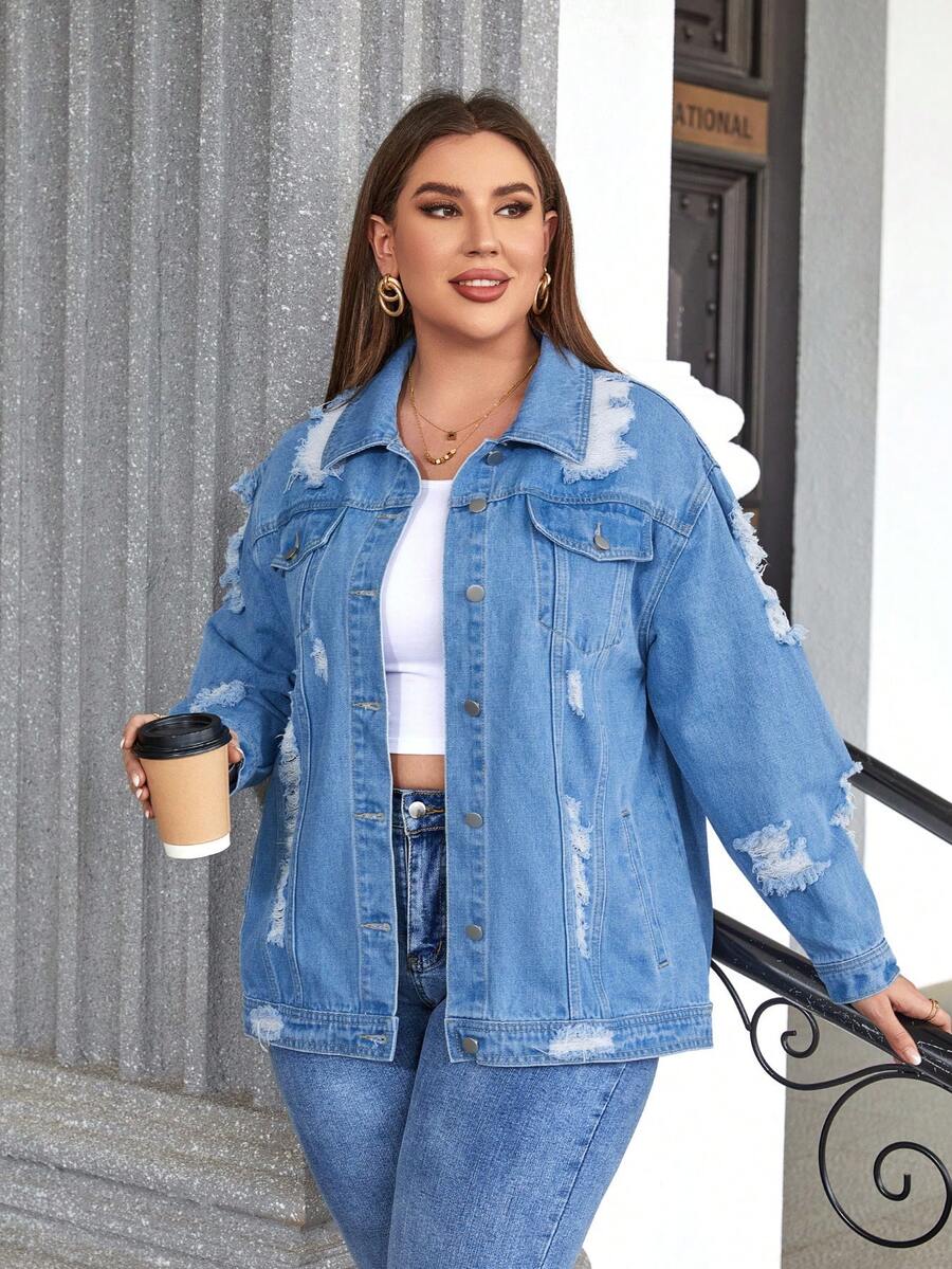 SHEIN LUNE Plus Ripped Flap Pocket Denim Jacket - Light Wash - View 1