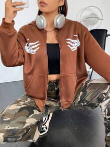 Flirla 大碼骷髅圖案落肩袖拉鏈連帽衫 - 棕色 - 查看 3