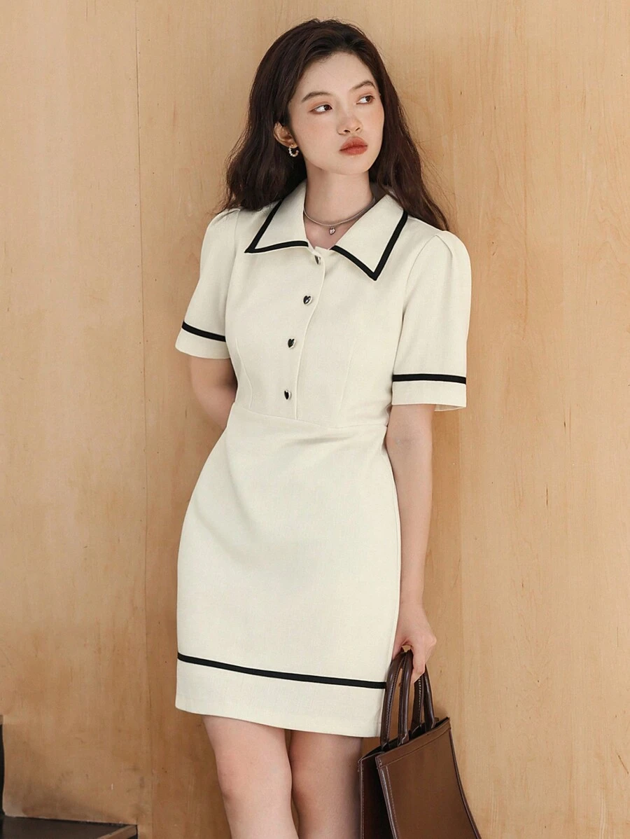 DAZY Contrast Binding Puff Sleeve Shirt Dress - White - View 1