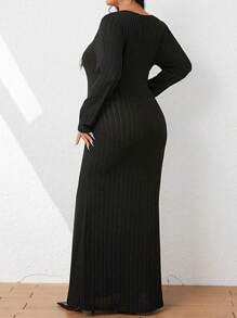 SHEIN Clasi Plus Square Neck Ribbed Knit Dress Without Belt Maxi Women Outfit - Black - View 2