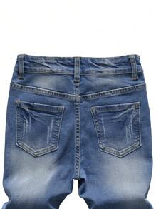 SHEIN Explorewe TWEEN BOY All-Match Casual Modern Street College Style Whisker Craft Elastic Jeans With Adjustable Drawstring Waistband & 5 Pockets, Year-Round Essential Fashionable Denim Item Summer Holiday