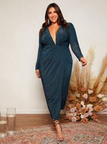 SHEIN Belle Trang phục phù dâu cho phụ nữ Plus Trọn gói Tách cao màu trơn - Màu xanh ngọc - Xem 3