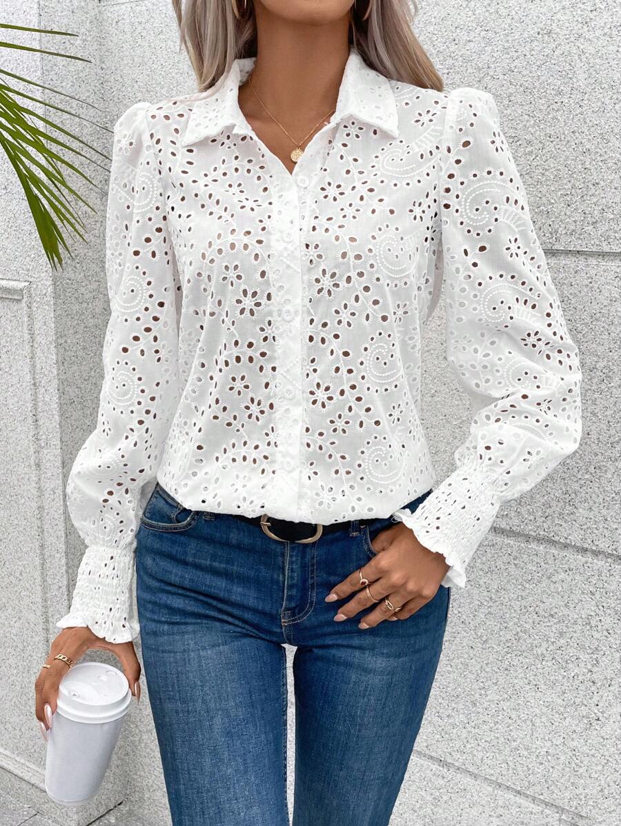 Calvaya Eyelet Embroidery Flare Sleeve Shirt Fall Cloth For Women - White - View 1