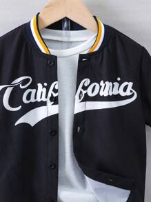 SHEIN 男小童字母圖案條紋飾邊棒球領襯衫&短褲不帶T恤 - 黑色 - 查看 8