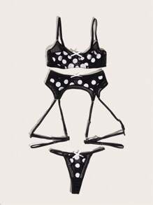 Polka Dot Mesh Underwire Garter Lingerie Set - Black and White - View 3