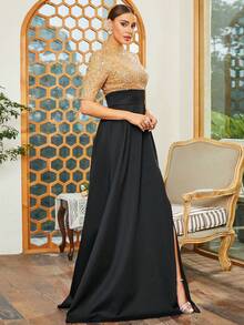 Missord Contrast Sequin Split Thigh Party Dress - Black - View 6