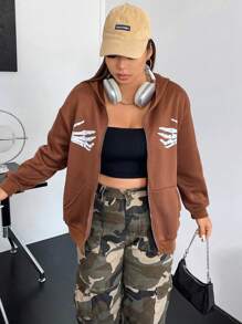 Flirla 大碼骷髅圖案落肩袖拉鏈連帽衫 - 棕色 - 查看 5