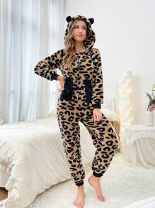 Hoa văn Báo Thiết kế tai 3D áo có mũ Flannelette Bộ đồ ngủ - Nhiều màu - Xem 4