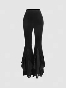 SHEIN MOD Black Date Night Romantic Contrast Lace Ruffle Trim Velvet Flare Leg Pants